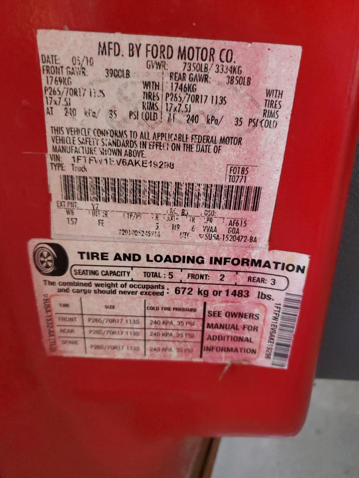 1FTFW1EV6AKE19298 2010 Ford F150 Supercrew