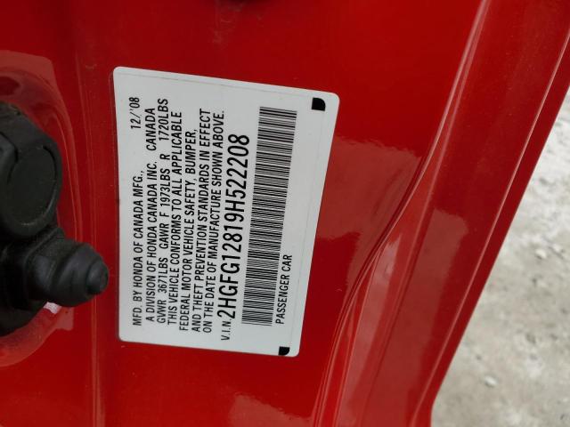 2009 Honda Civic Ex VIN: 2HGFG12819H522208 Lot: 52822264
