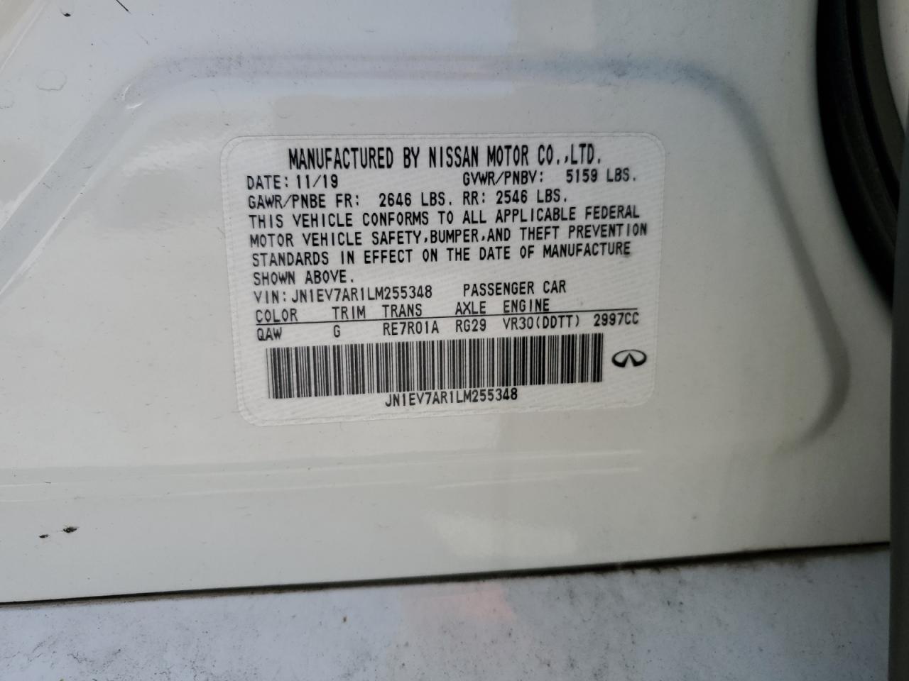 JN1EV7AR1LM255348 2020 Infiniti Q50 Pure