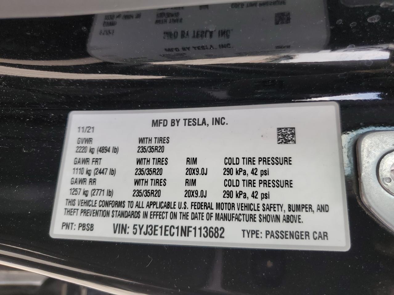 5YJ3E1EC1NF113682 2022 Tesla Model 3