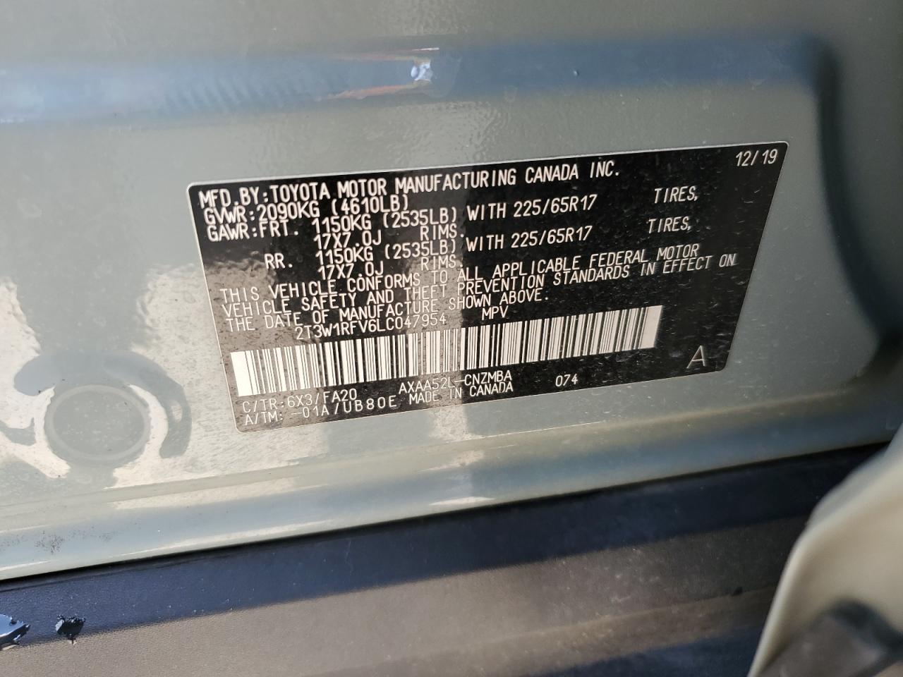 2T3W1RFV6LC047954 2020 Toyota Rav4 Xle