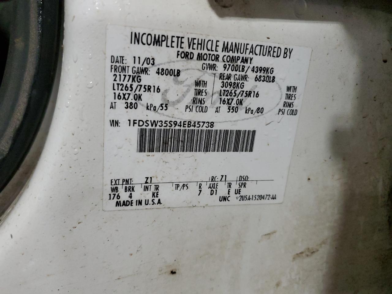 1FDSW35S94EB45738 2004 Ford F350 Srw Super Duty