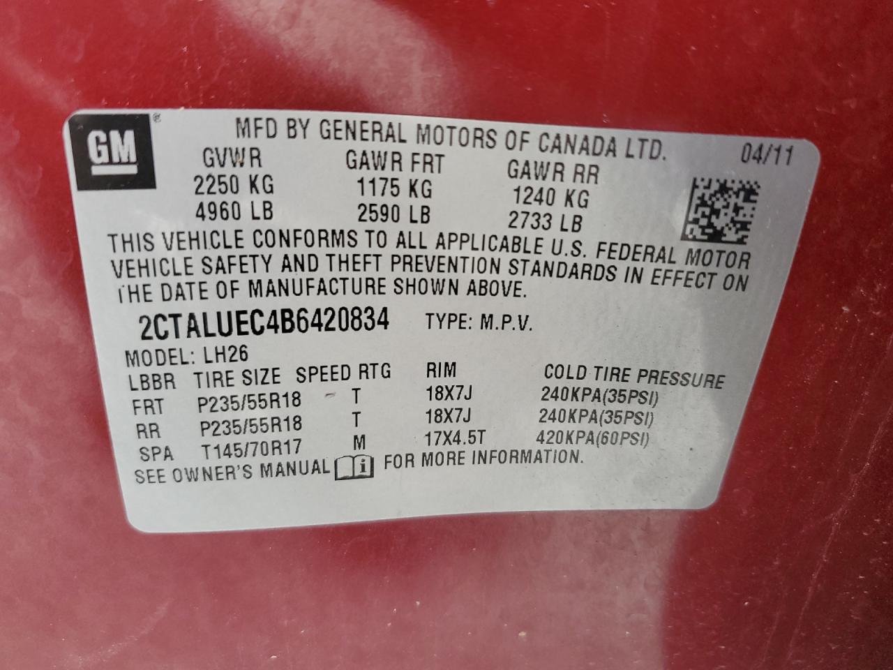 2CTALUEC4B6420834 2011 GMC Terrain Slt