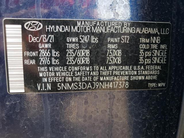 2022 Hyundai Santa Fe Sel VIN: 5NMS3DAJ9NH417378 Lot: 54787234
