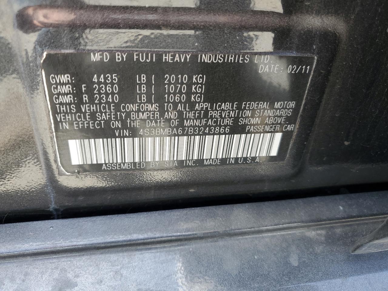 4S3BMBA67B3243866 2011 Subaru Legacy 2.5I