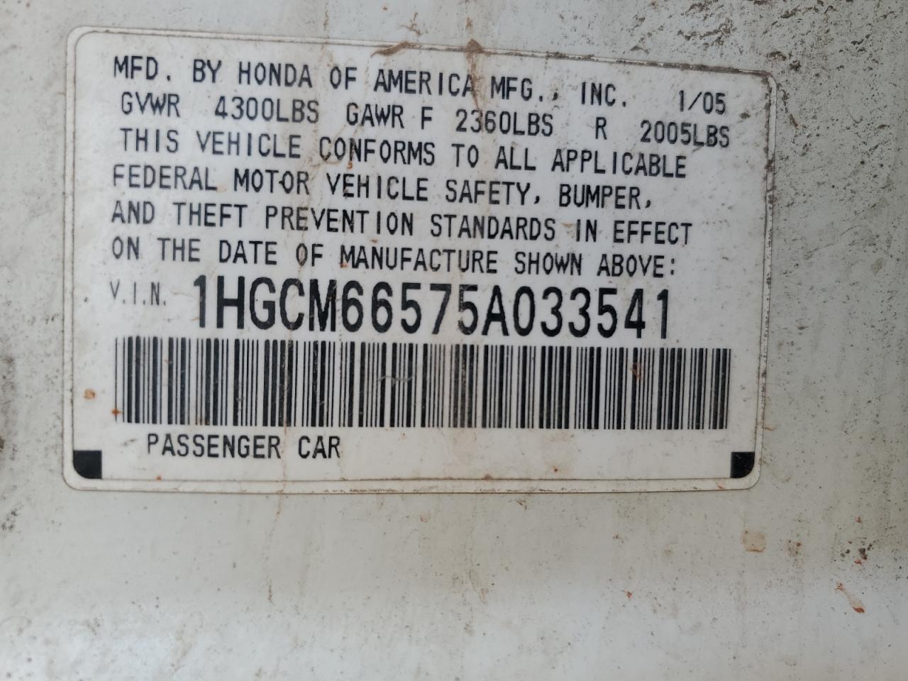 1HGCM66575A033541 2005 Honda Accord Ex