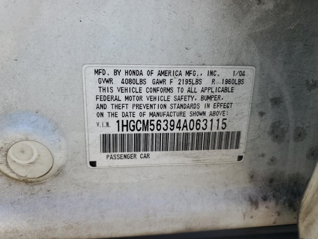 1HGCM56394A063115 2004 Honda Accord Lx