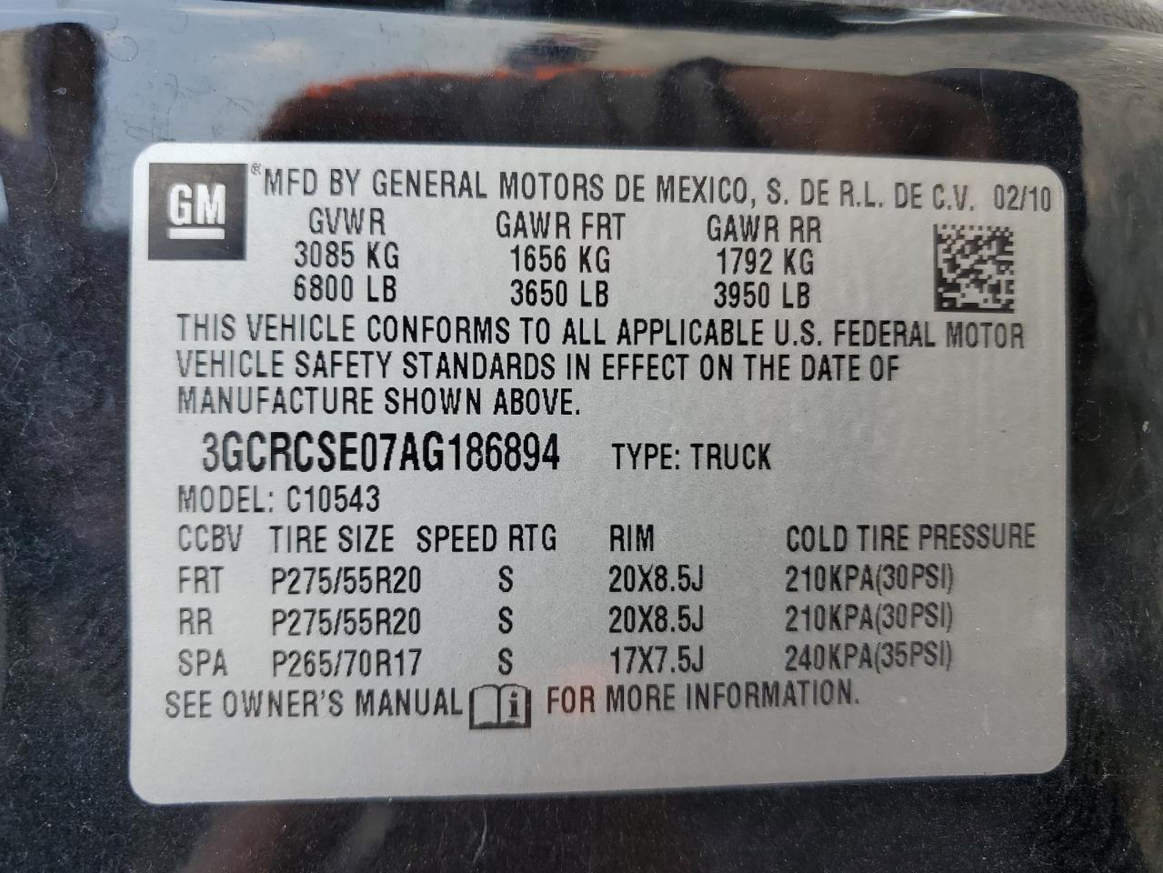 3GCRCSE07AG186894 2010 Chevrolet Silverado C1500 Lt