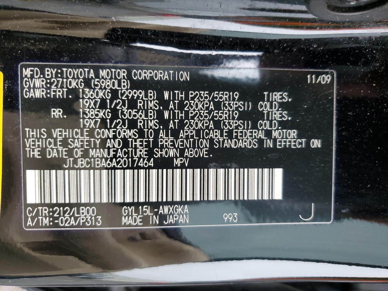 JTJBC1BA6A2017464 2010 Lexus Rx 450