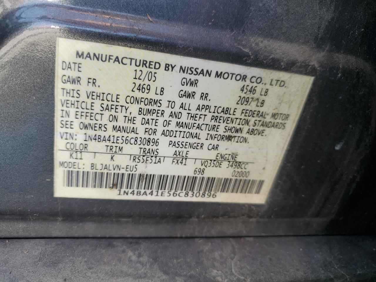 1N4BA41E56C830896 2006 Nissan Maxima Se