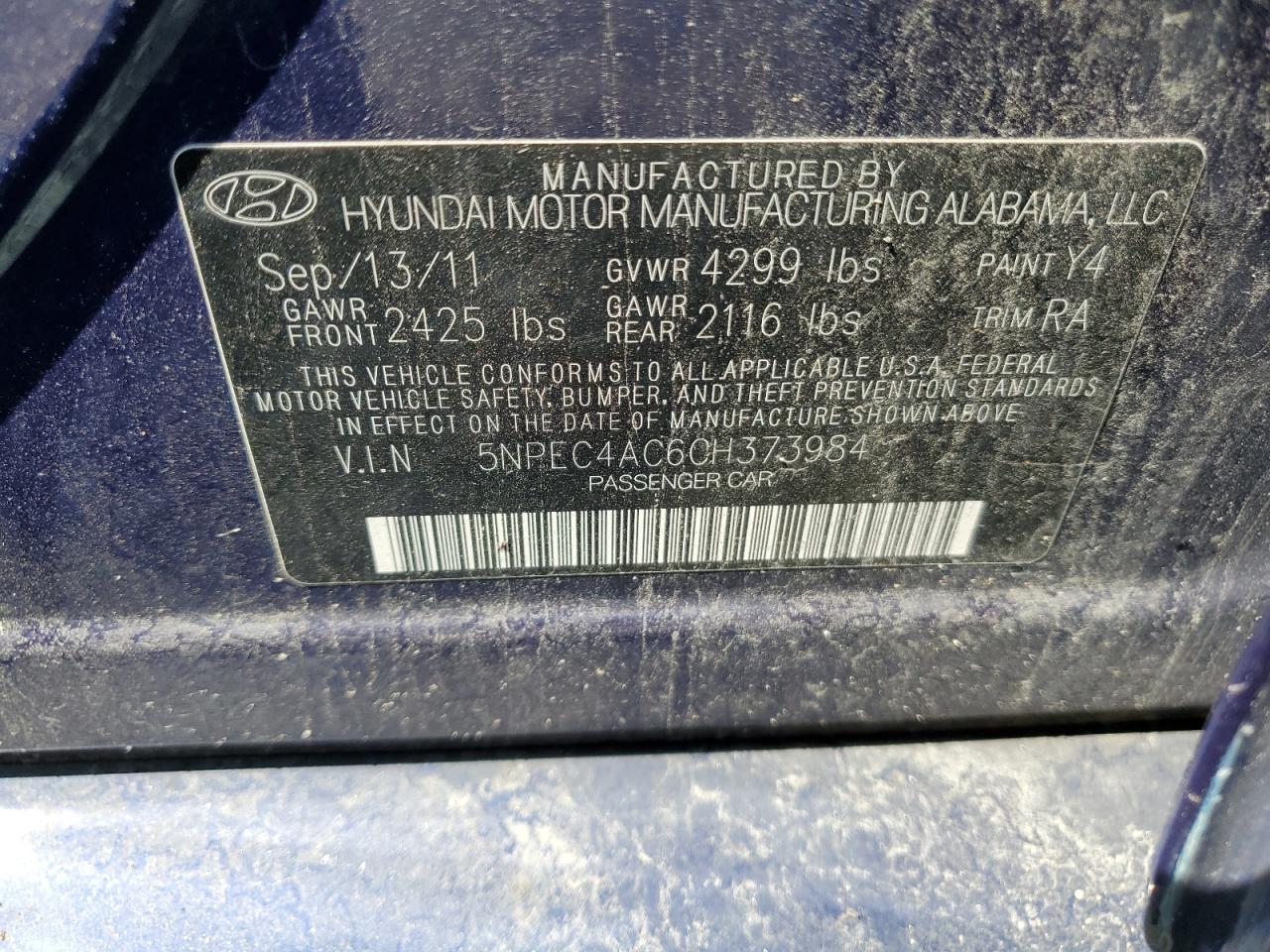 5NPEC4AC6CH373984 2012 Hyundai Sonata Se