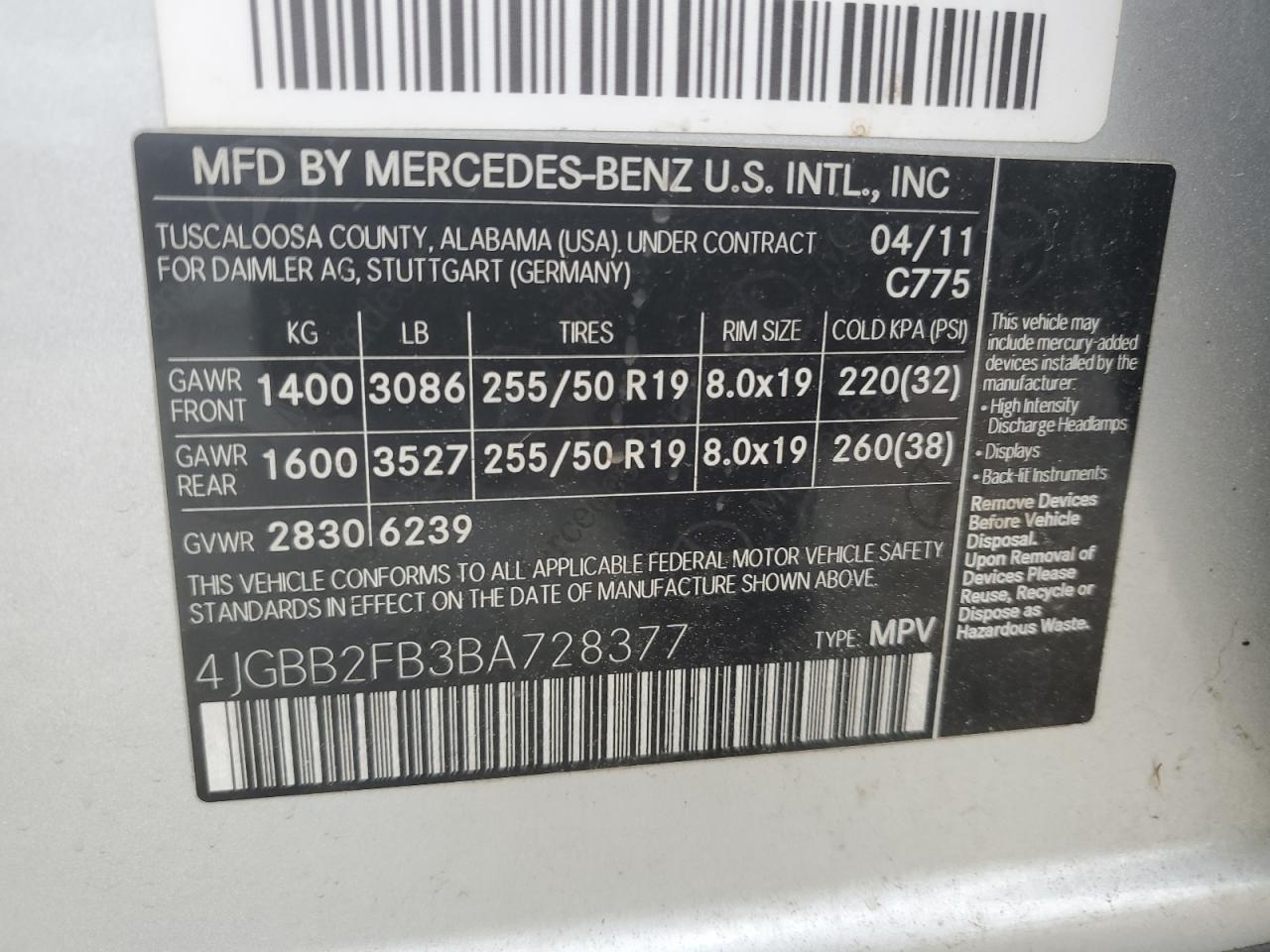 4JGBB2FB3BA728377 2011 Mercedes-Benz Ml 350 Bluetec