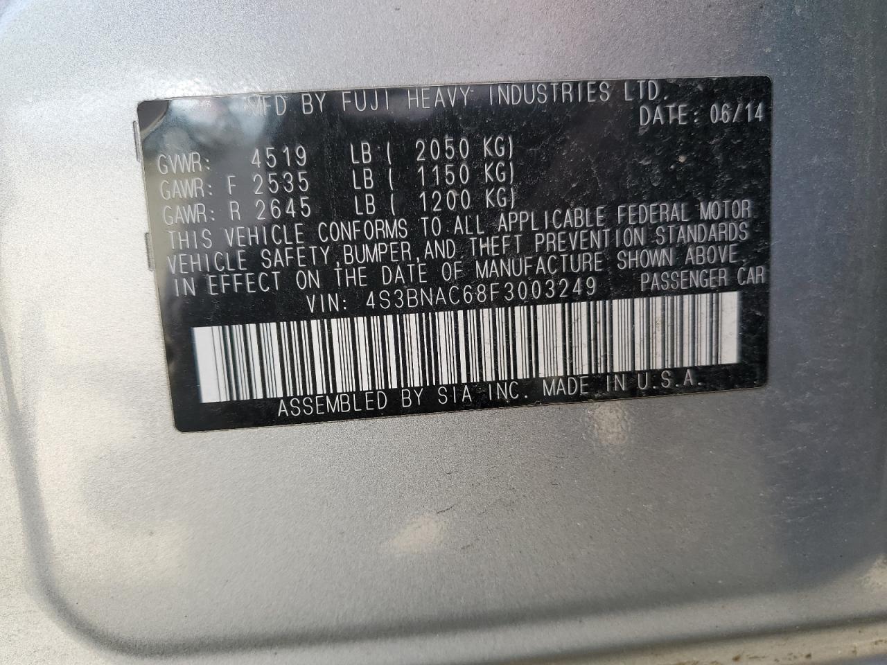 4S3BNAC68F3003249 2015 Subaru Legacy 2.5I Premium