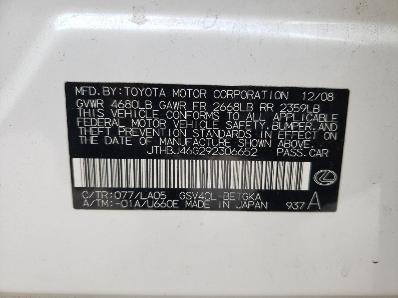 JTHBJ46G292306652 2009 Lexus Es 350