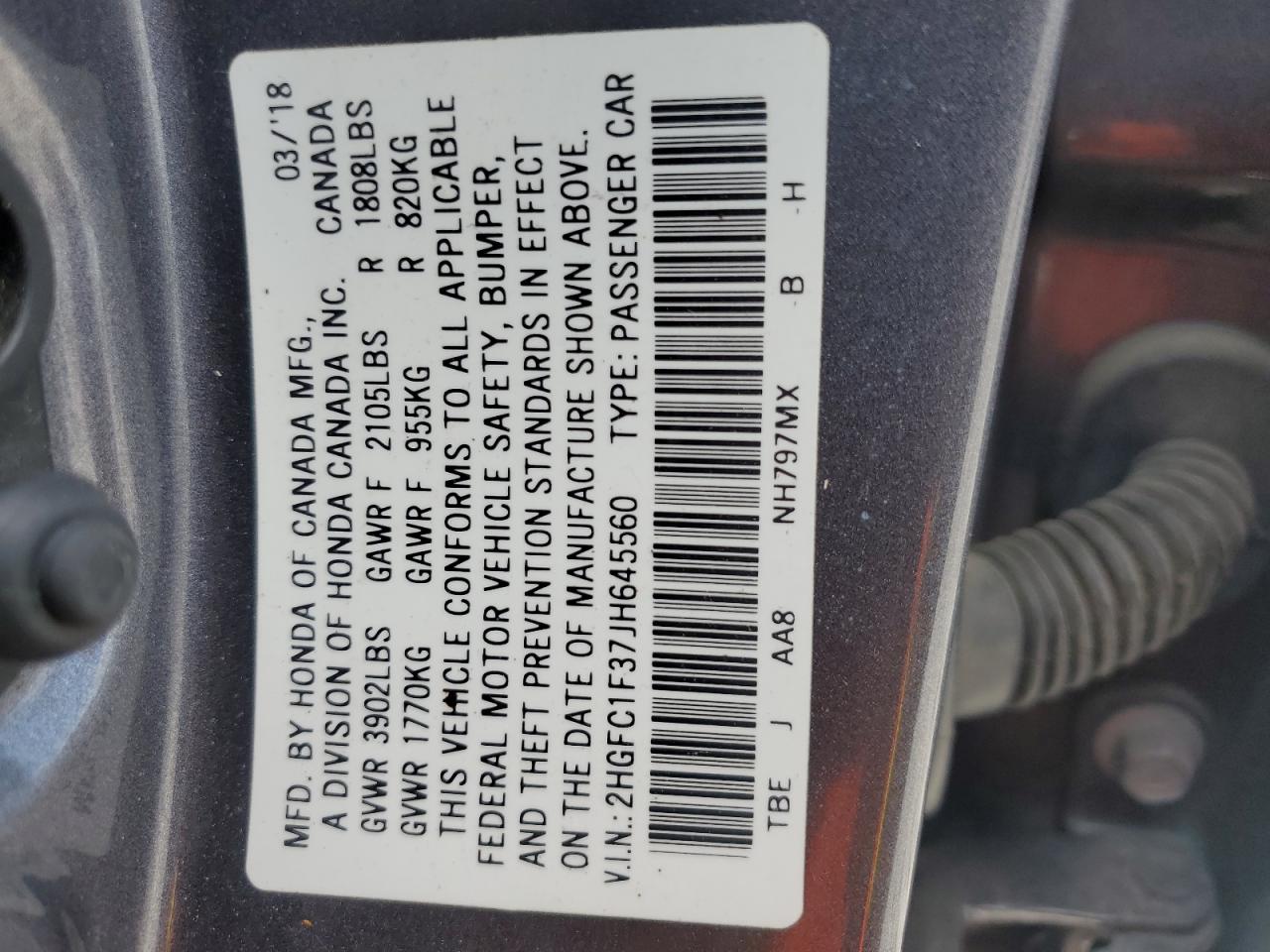 2HGFC1F37JH645560 2018 Honda Civic Ex