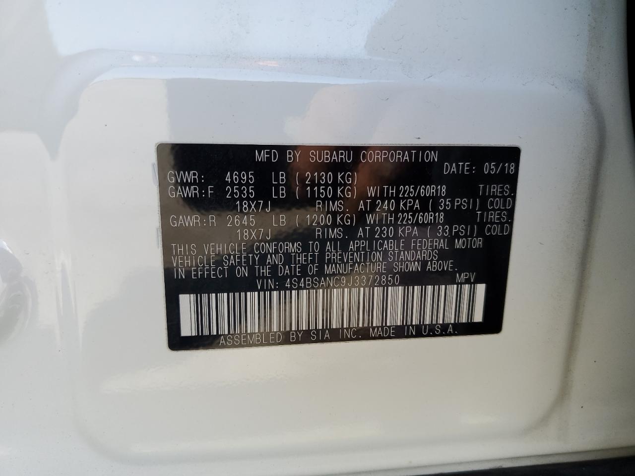 4S4BSANC9J3372850 2018 Subaru Outback 2.5I Limited