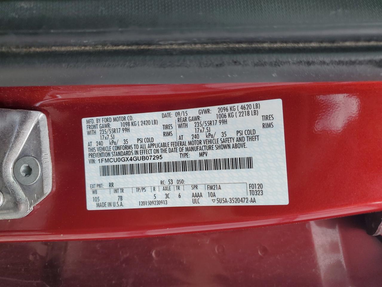 1FMCU0GX4GUB07295 2016 Ford Escape Se