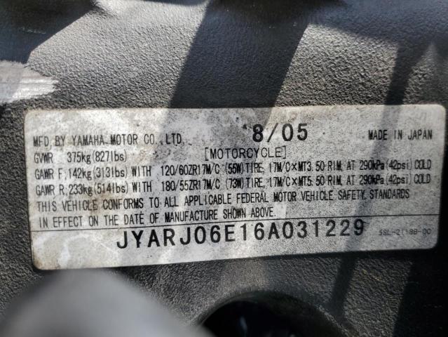 2006 YAMAHA YZFR6 L JYARJ06E16A031229