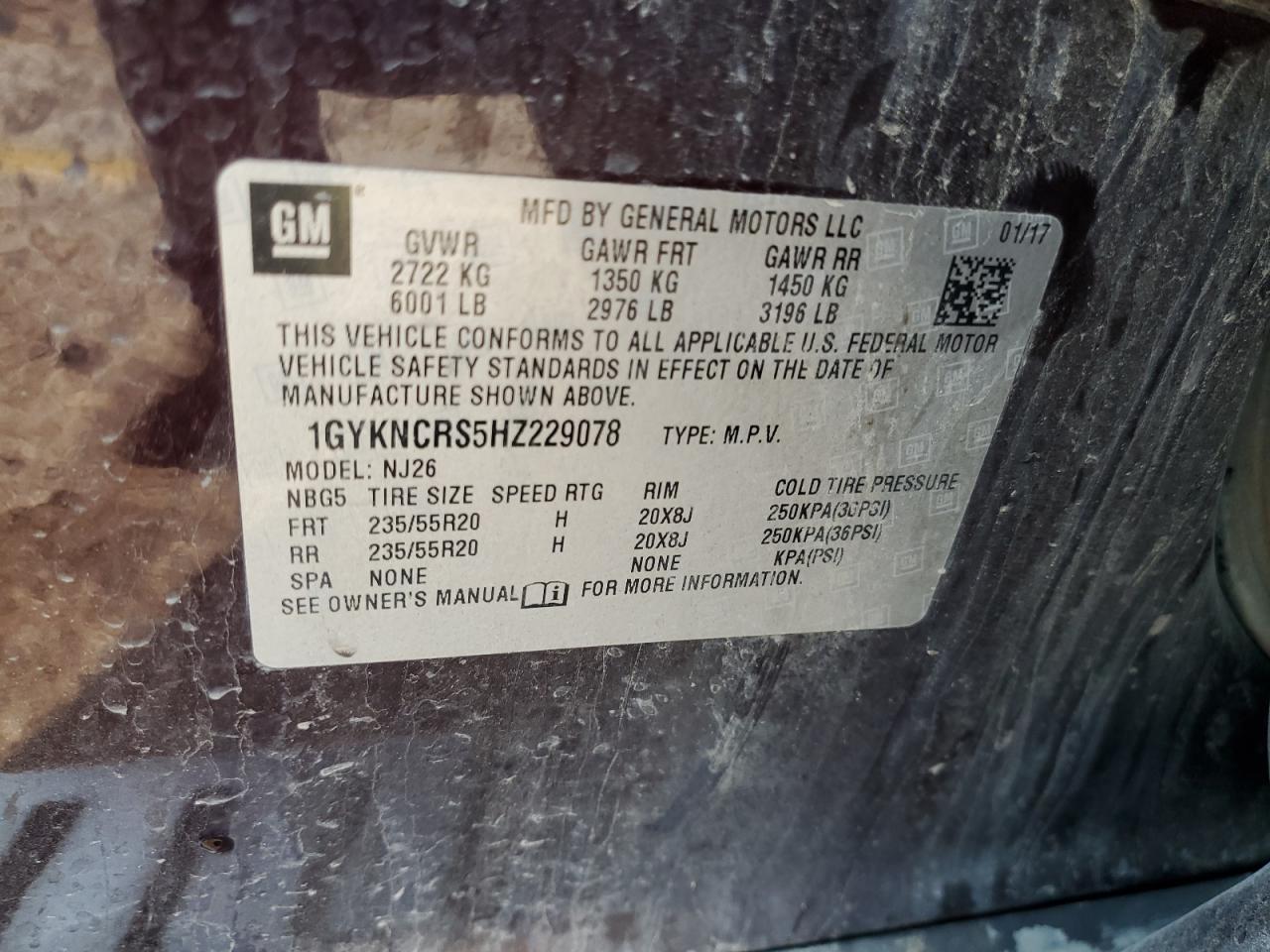 1GYKNCRS5HZ229078 2017 Cadillac Xt5 Premium Luxury