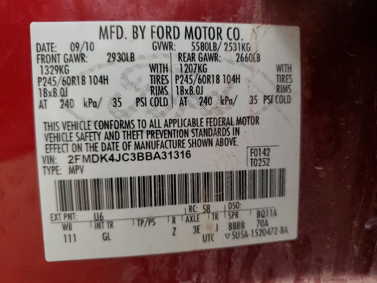 2FMDK4JC3BBA31316 2011 Ford Edge Sel