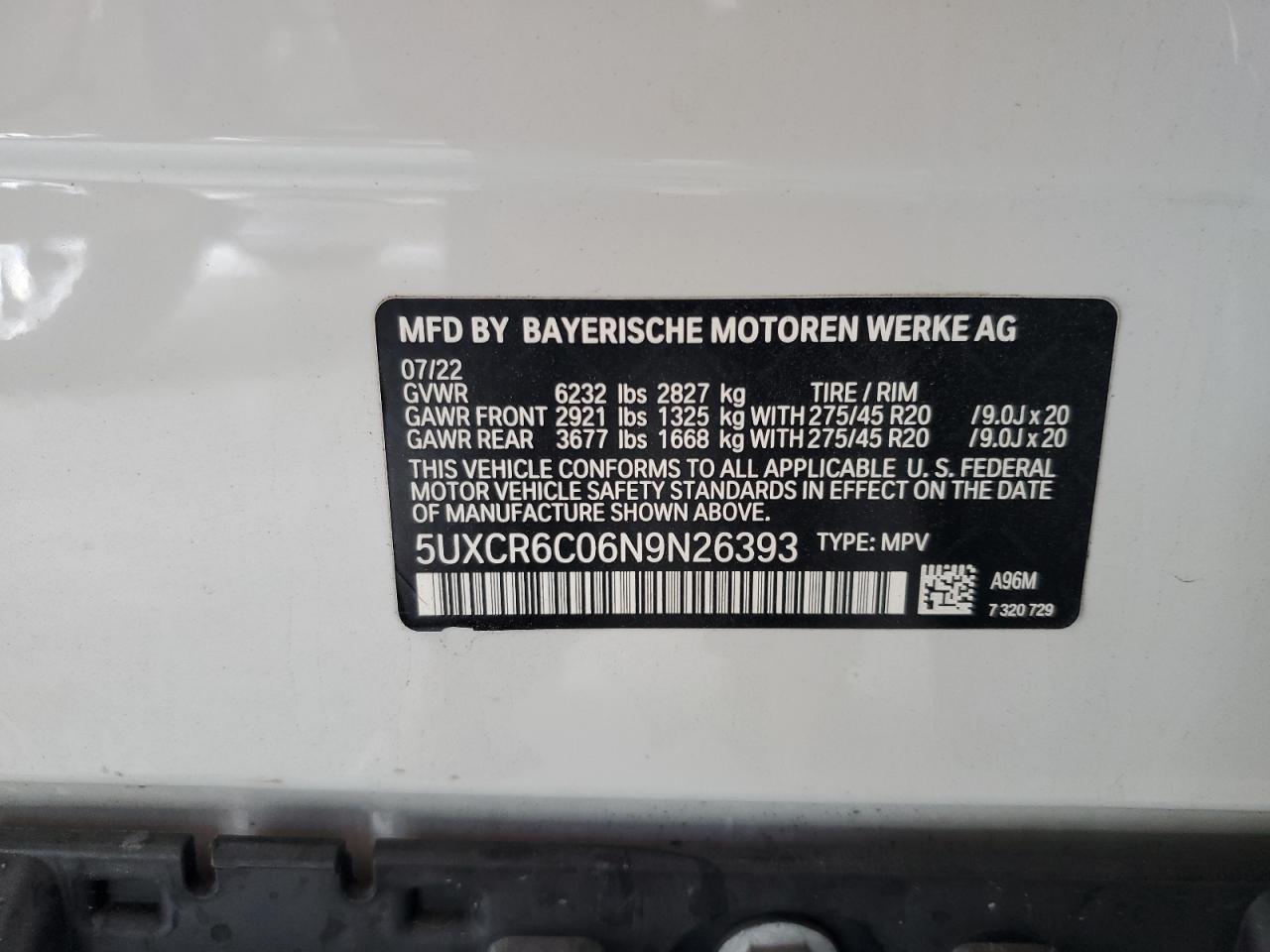 5UXCR6C06N9N26393 2022 BMW X5 xDrive40I