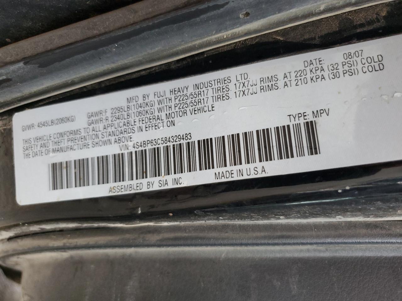 4S4BP63C584329483 2008 Subaru Outback 2.5Xt Limited