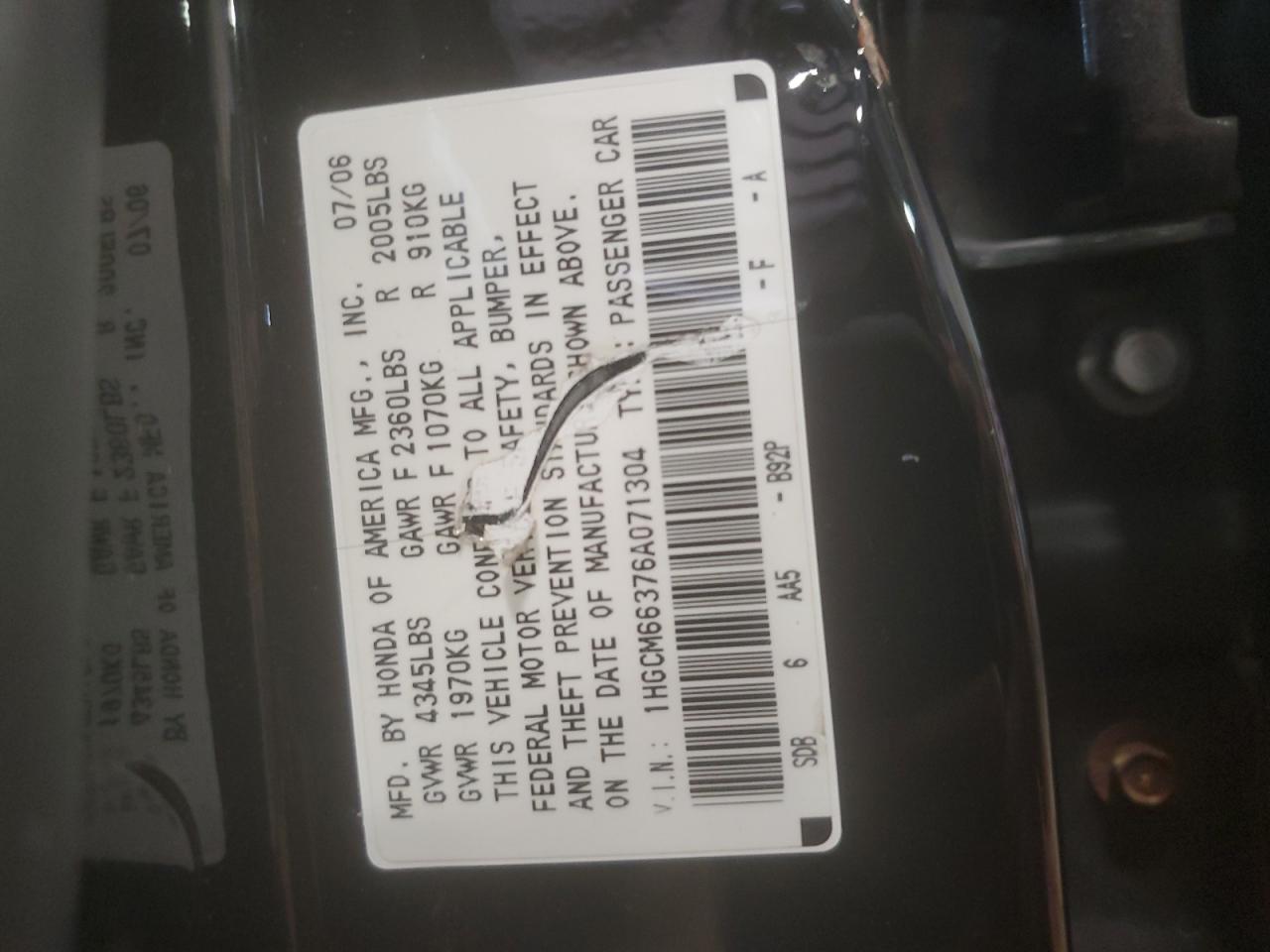 1HGCM66376A071304 2006 Honda Accord Lx