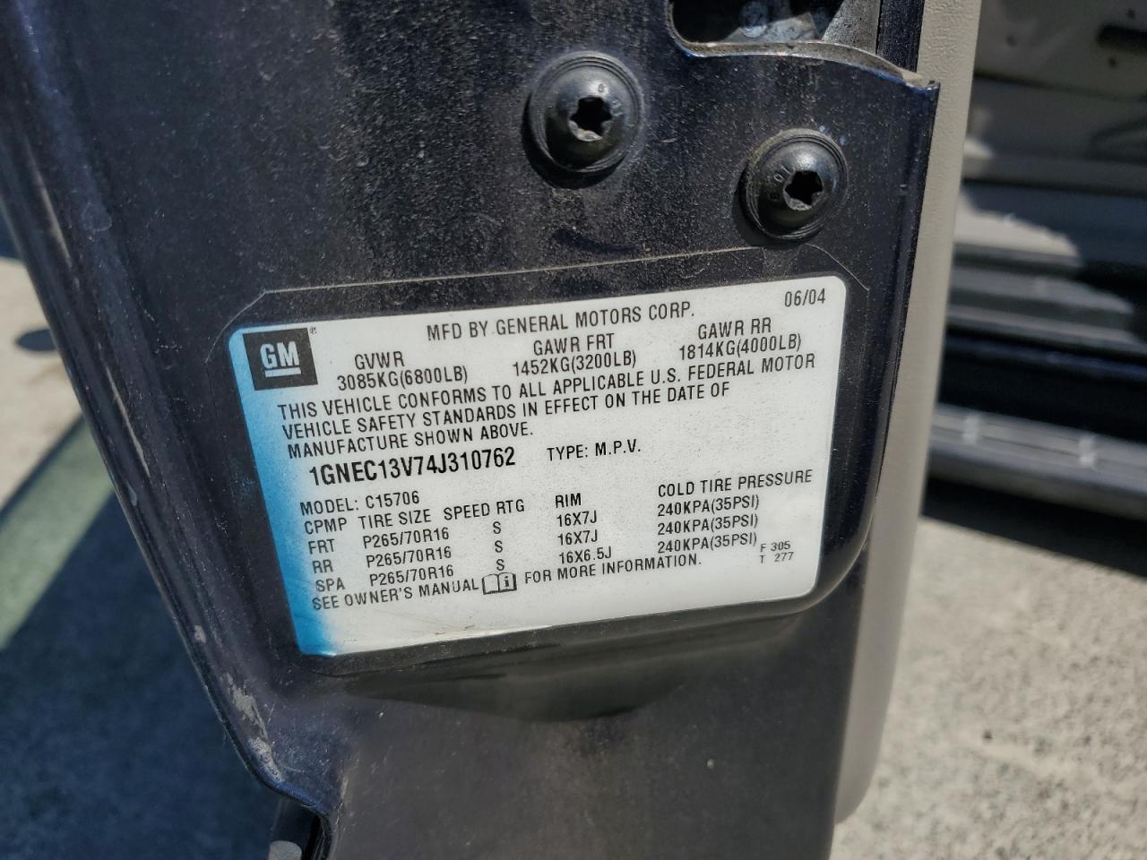 1GNEC13V74J310762 2004 Chevrolet Tahoe C1500