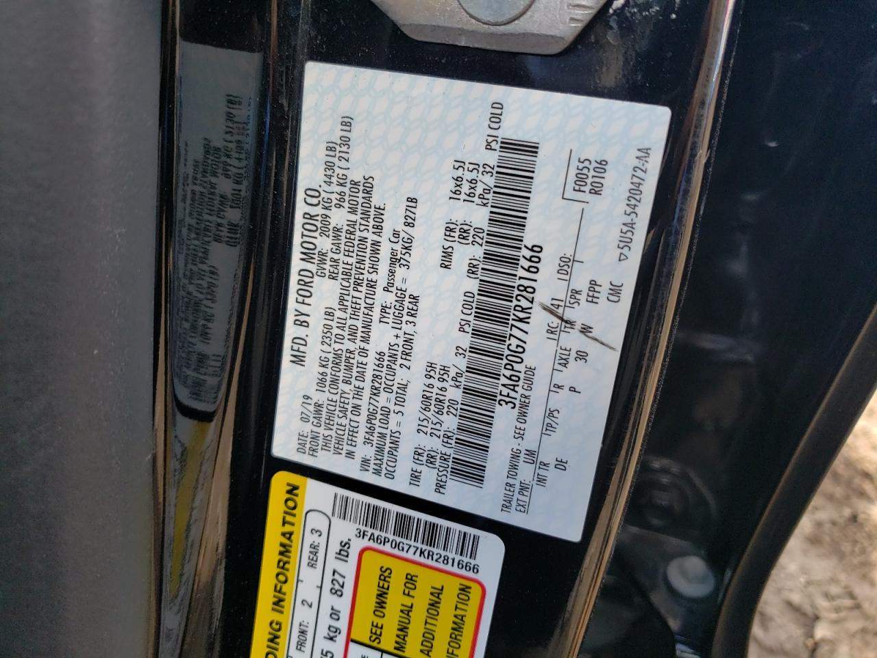 3FA6P0G77KR281666 2019 Ford Fusion S