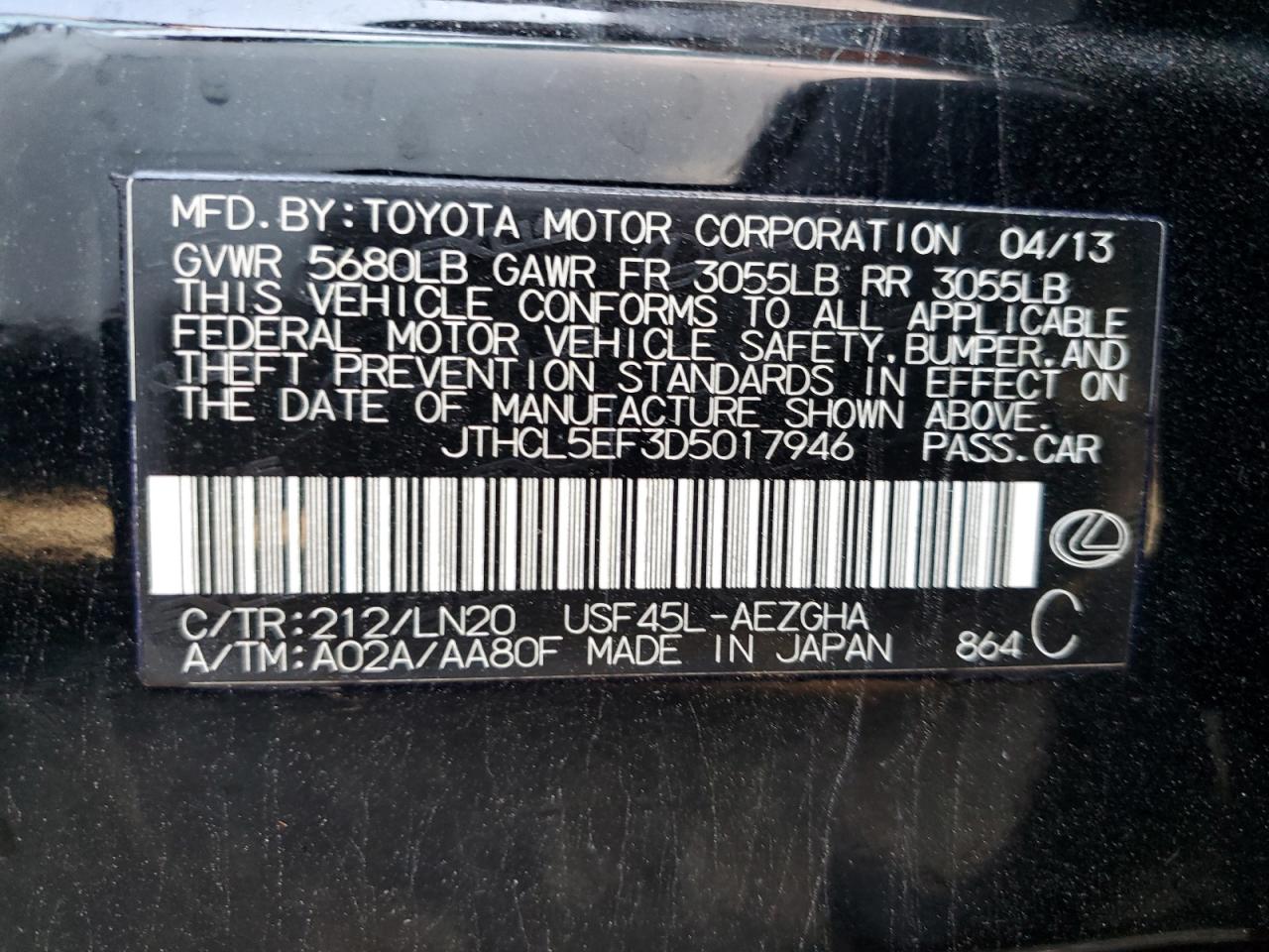 JTHCL5EF3D5017946 2013 Lexus Ls 460