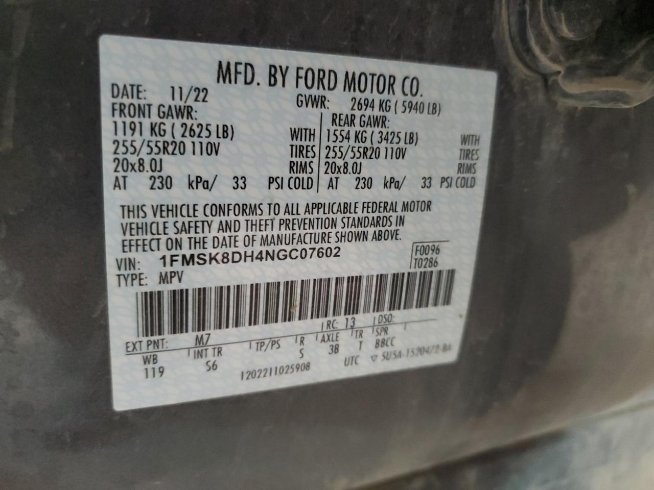 1FMSK8DH4NGC07602 2022 Ford Explorer Xlt