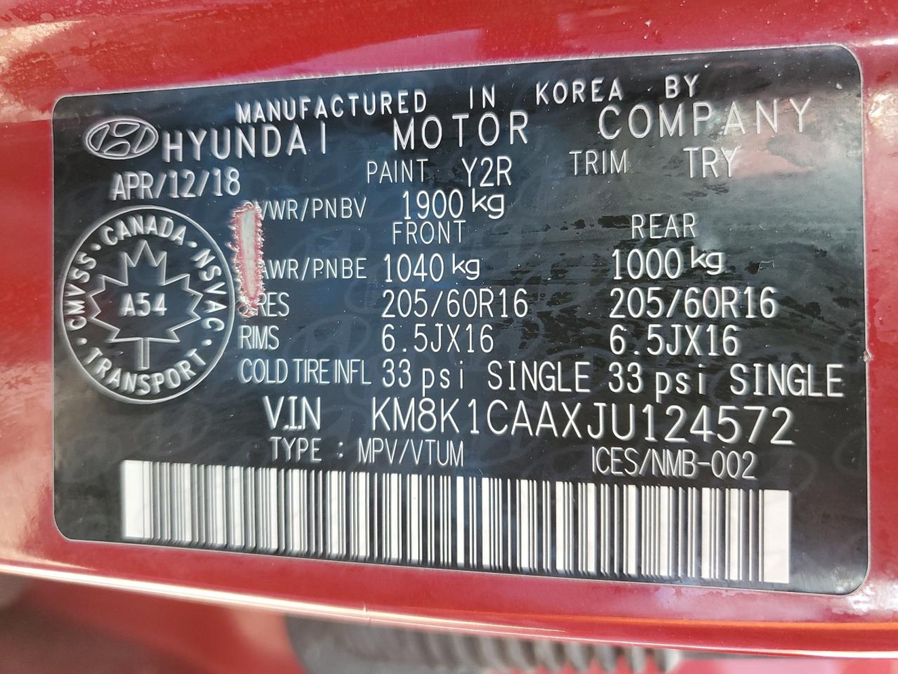 KM8K1CAAXJU124572 2018 Hyundai Kona Se