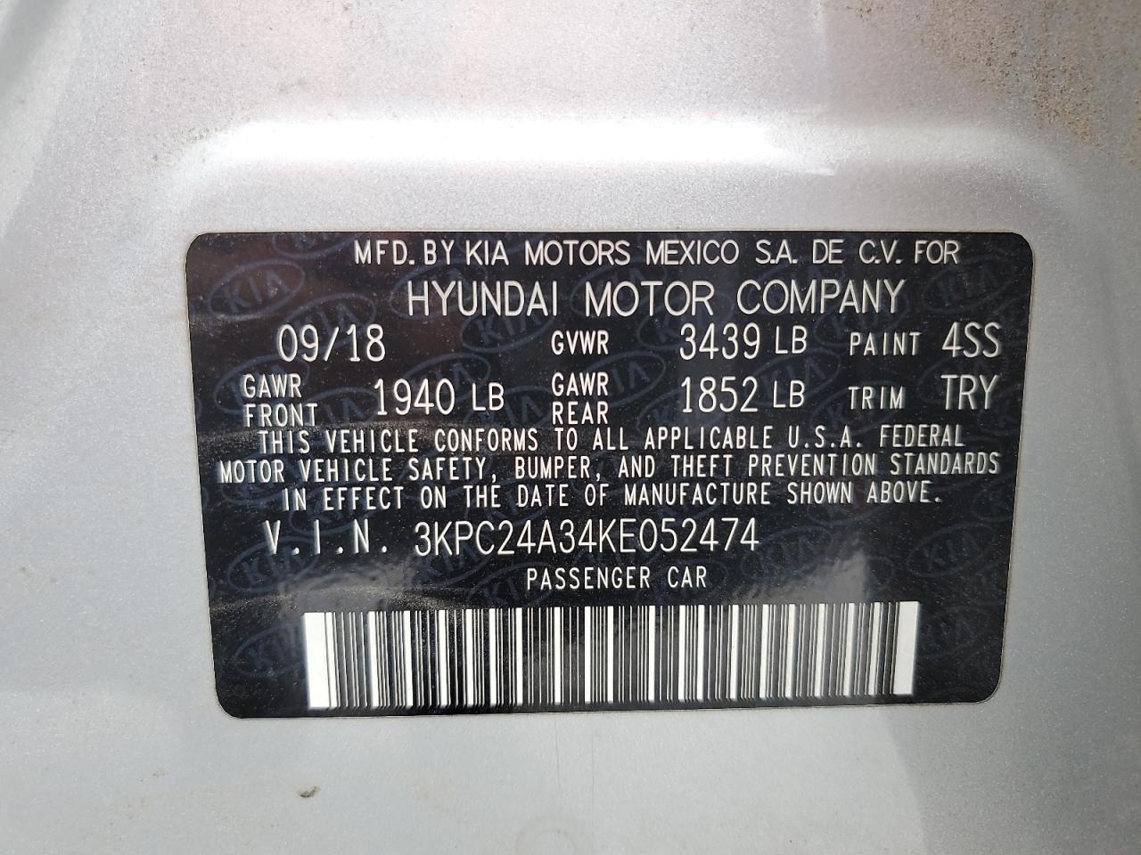 3KPC24A34KE052474 2019 Hyundai Accent Se