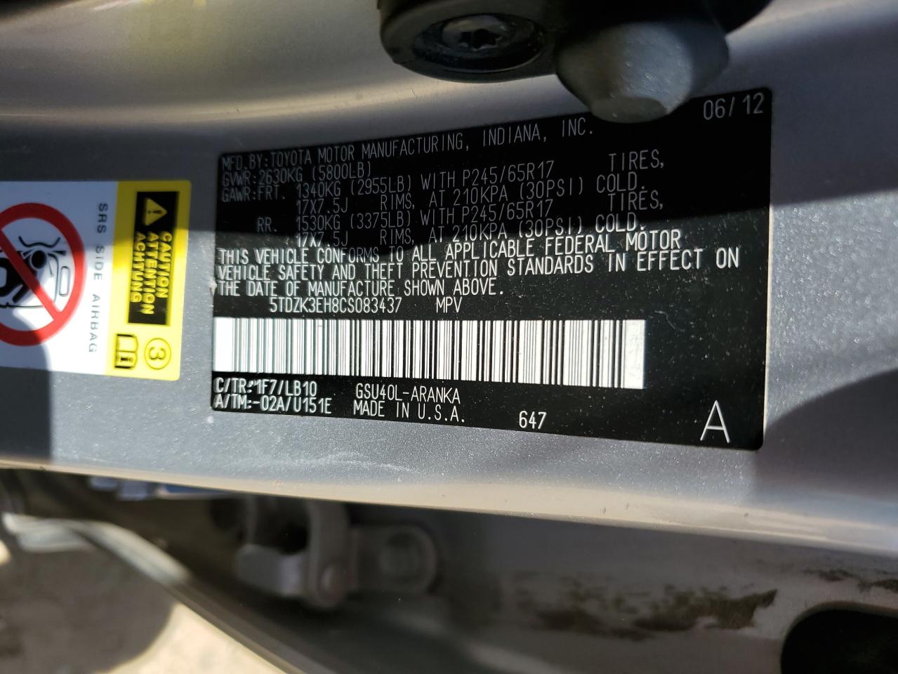 5TDZK3EH8CS083437 2012 Toyota Highlander Base