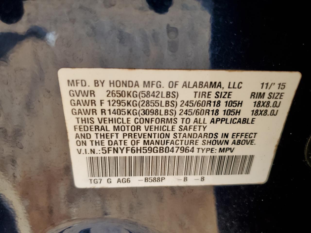 5FNYF6H59GB047964 2016 Honda Pilot Exl