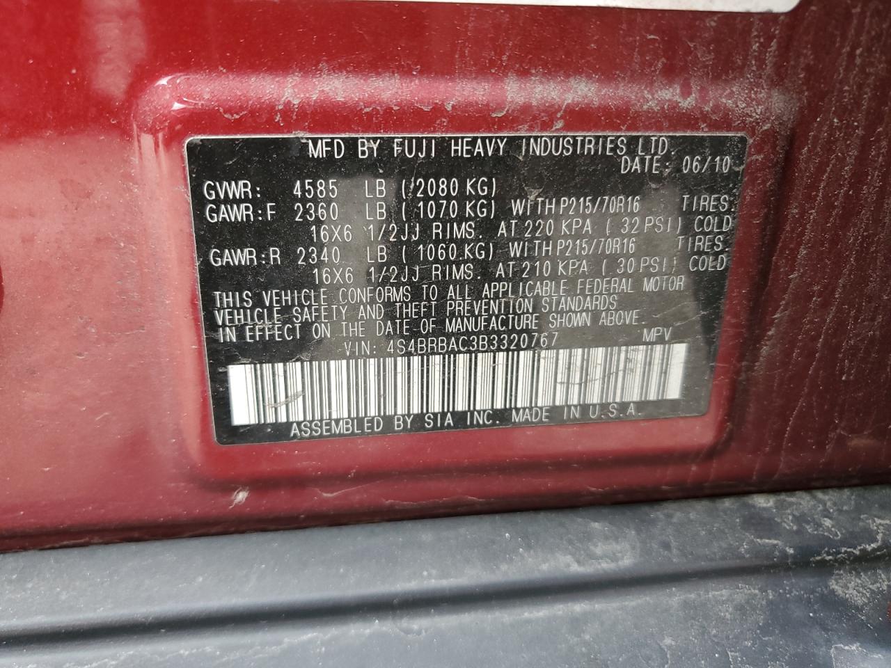 4S4BRBAC3B3320767 2011 Subaru Outback 2.5I