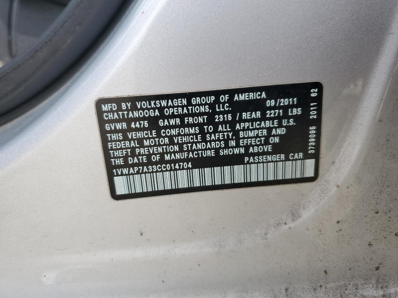 1VWAP7A33CC014704 2012 Volkswagen Passat S