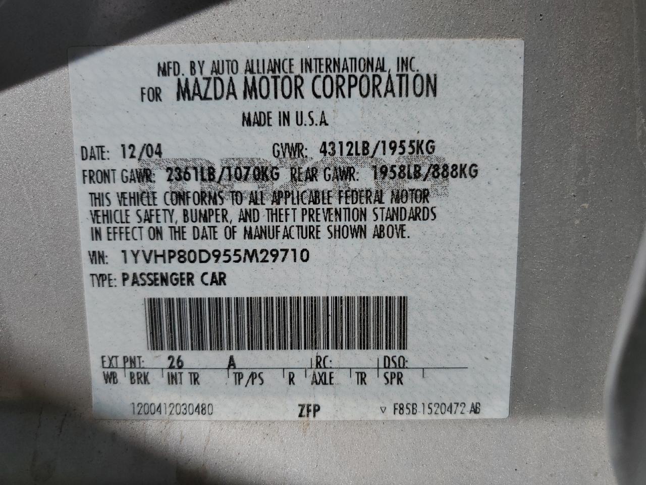 1YVHP80D955M29710 2005 Mazda 6 S