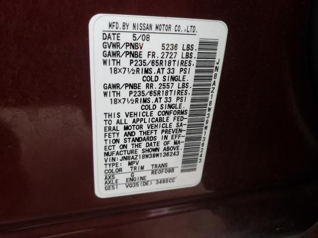 2009 Nissan Murano S VIN: JN8AZ18W39W136243 Lot: 57296584