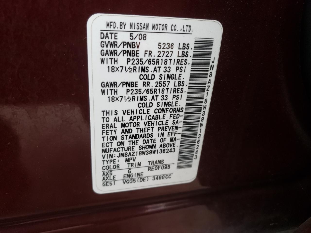 JN8AZ18W39W136243 2009 Nissan Murano S