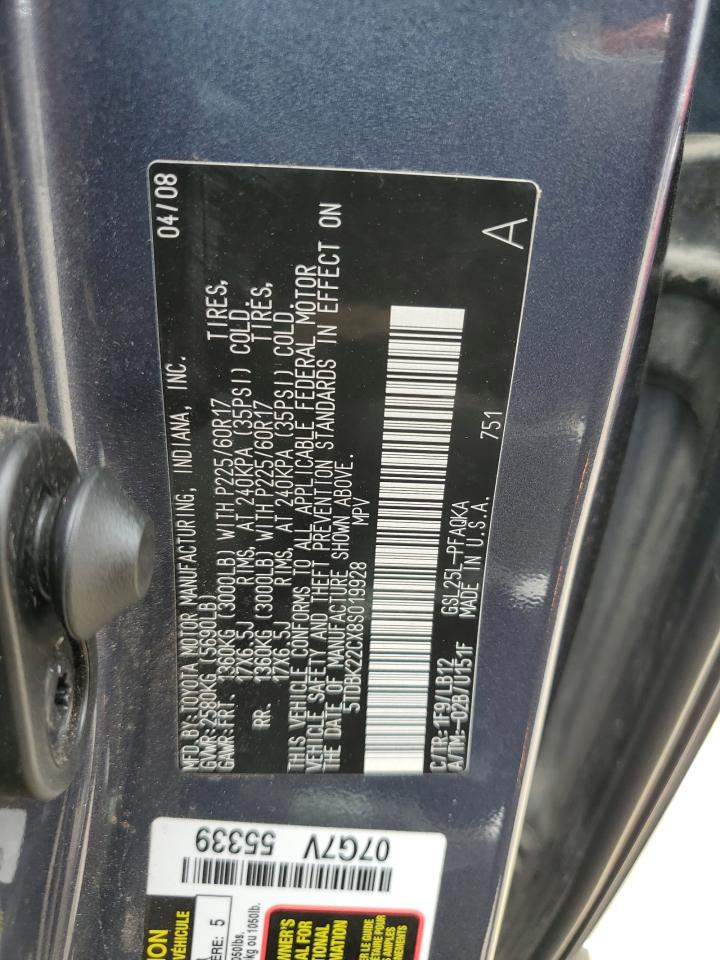 5TDBK22CX8S019928 2008 Toyota Sienna Xle