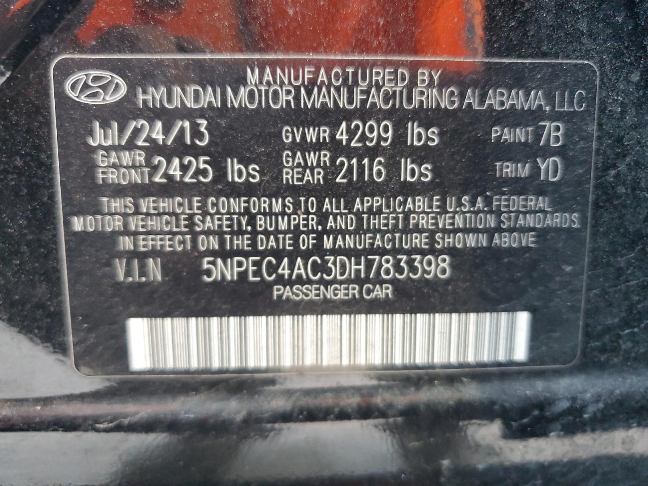 5NPEC4AC3DH783398 2013 Hyundai Sonata Se