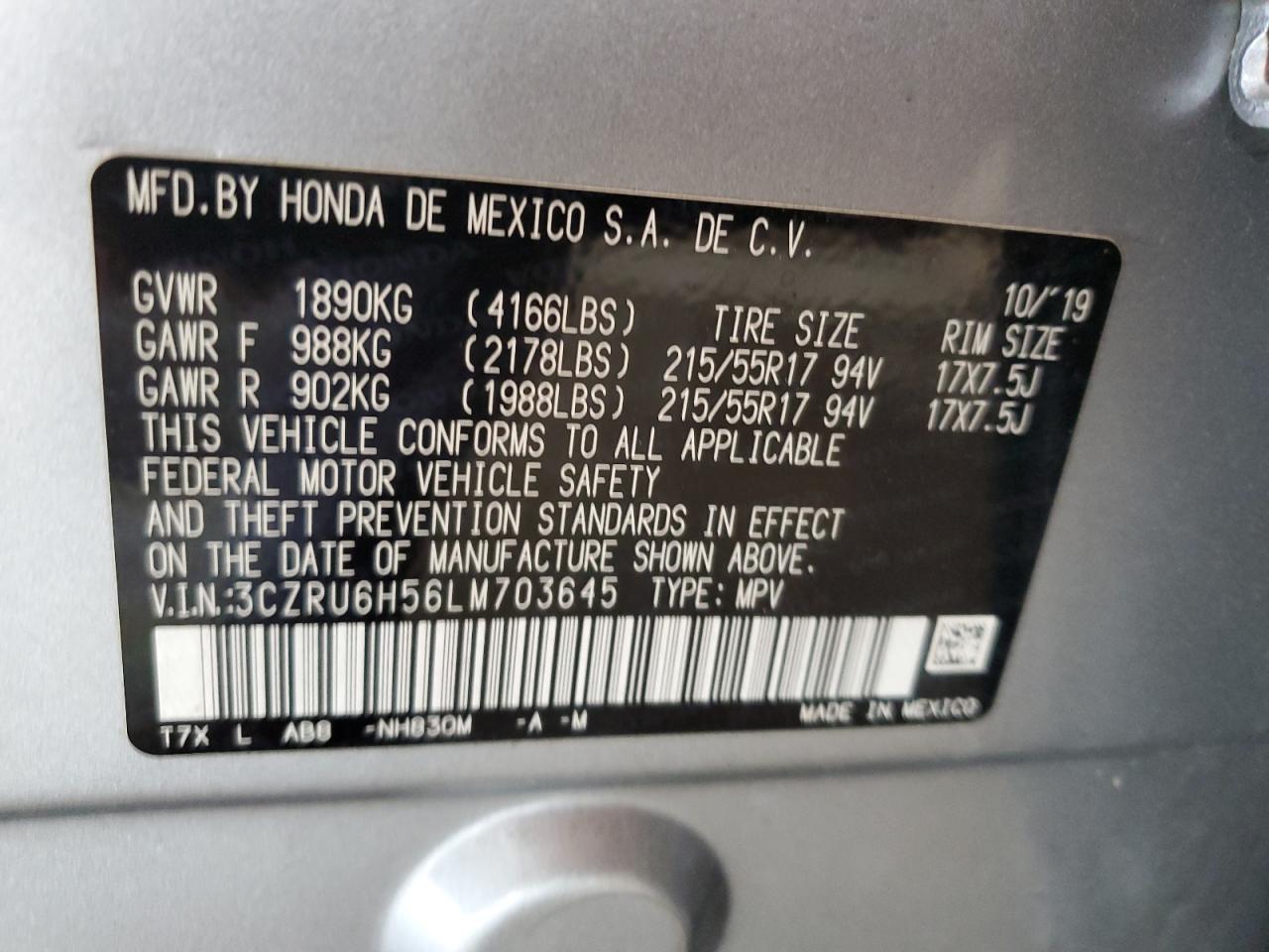 3CZRU6H56LM703645 2020 Honda Hr-V Ex