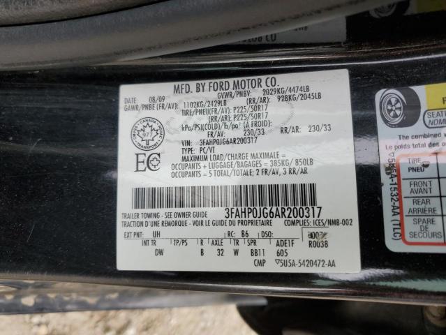 2010 Ford Fusion Sel VIN: 3FAHP0JG6AR200317 Lot: 56762504