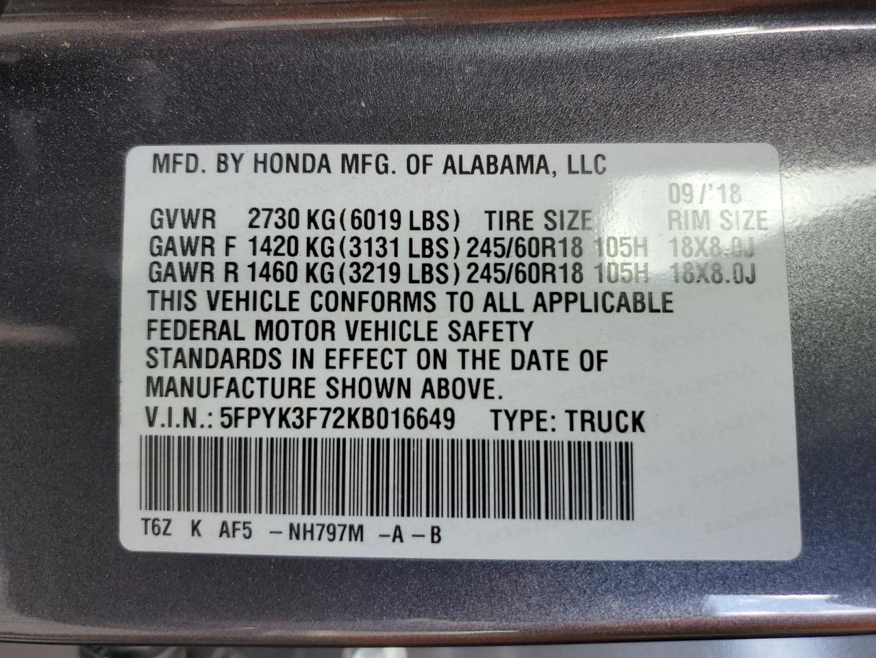 5FPYK3F72KB016649 2019 Honda Ridgeline Rtl