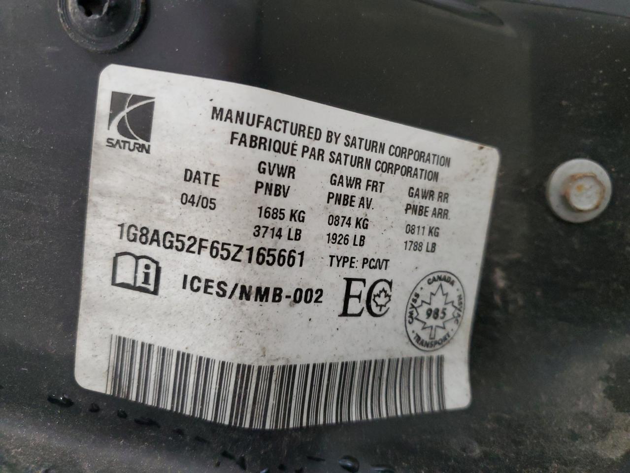 1G8AG52F65Z165661 2005 Saturn Ion Level 1