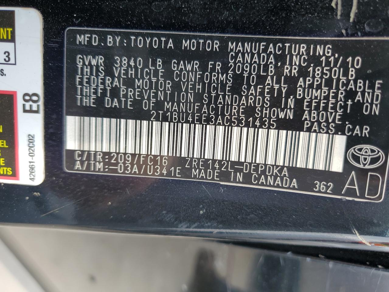 2T1BU4EE3AC531435 2010 Toyota Corolla Base