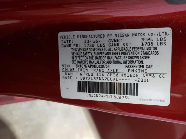 2019 Nissan Versa S VIN: 3N1CN7AP9KL828754 Lot: 52840264