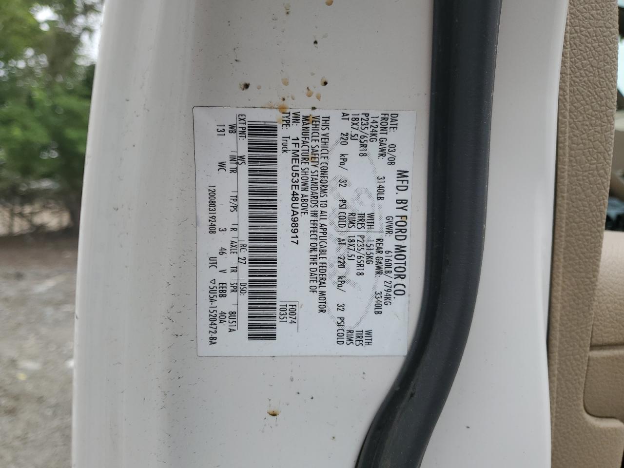 1FMEU53E48UA98917 2008 Ford Explorer Sport Trac Limited