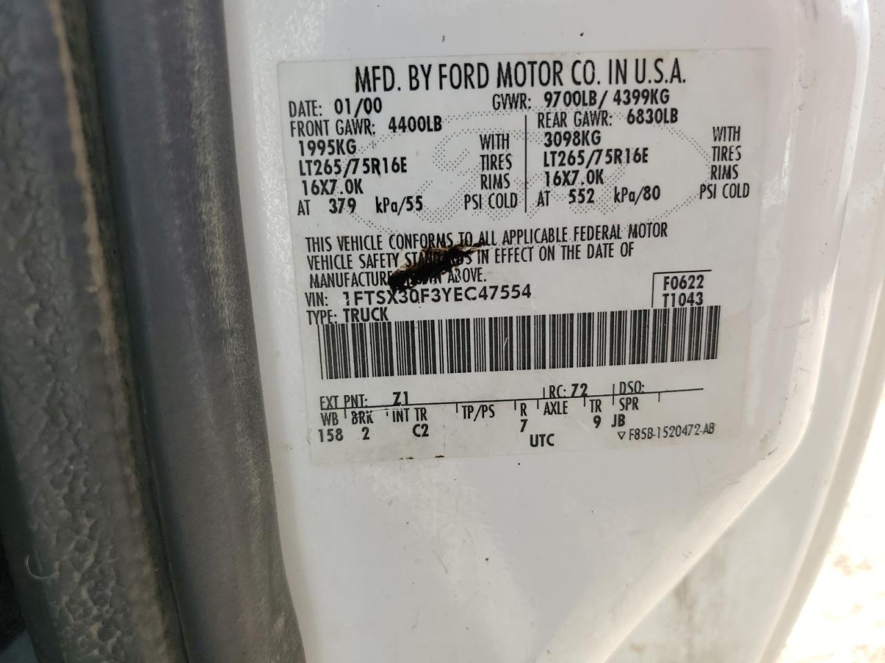 1FTSX30F3YEC47554 2000 Ford F350 Srw Super Duty